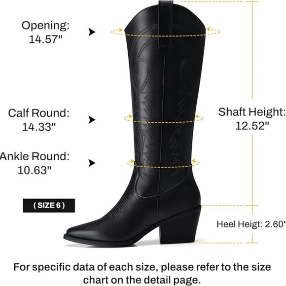 Black Cowboy Boots for Women Knee High Pointed Toe Chunky Heel Wide Calf Booties - Picture 4 of 6